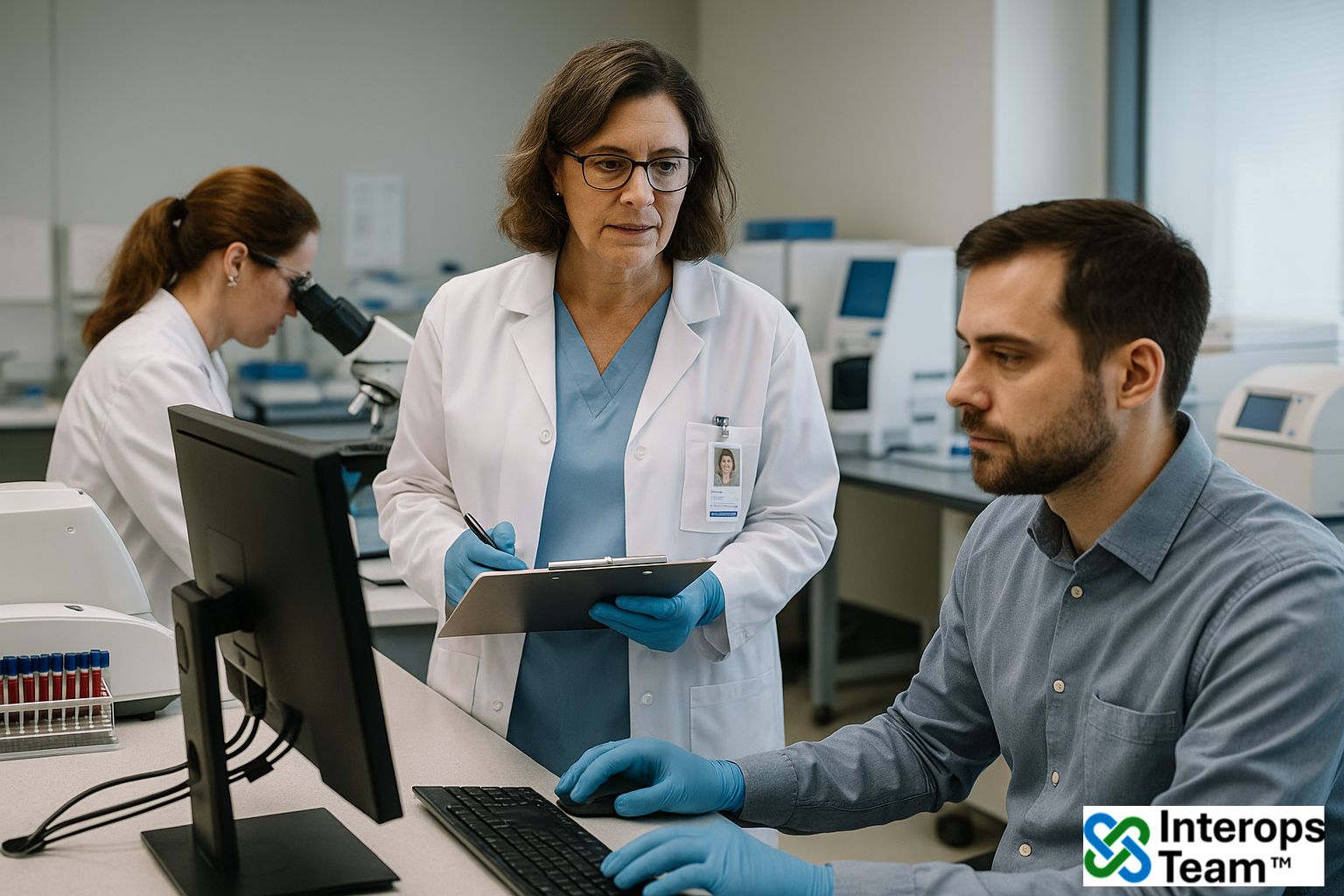 Lab professionals collaborating on integration dashboards and instrument interfaces in a clinical setting