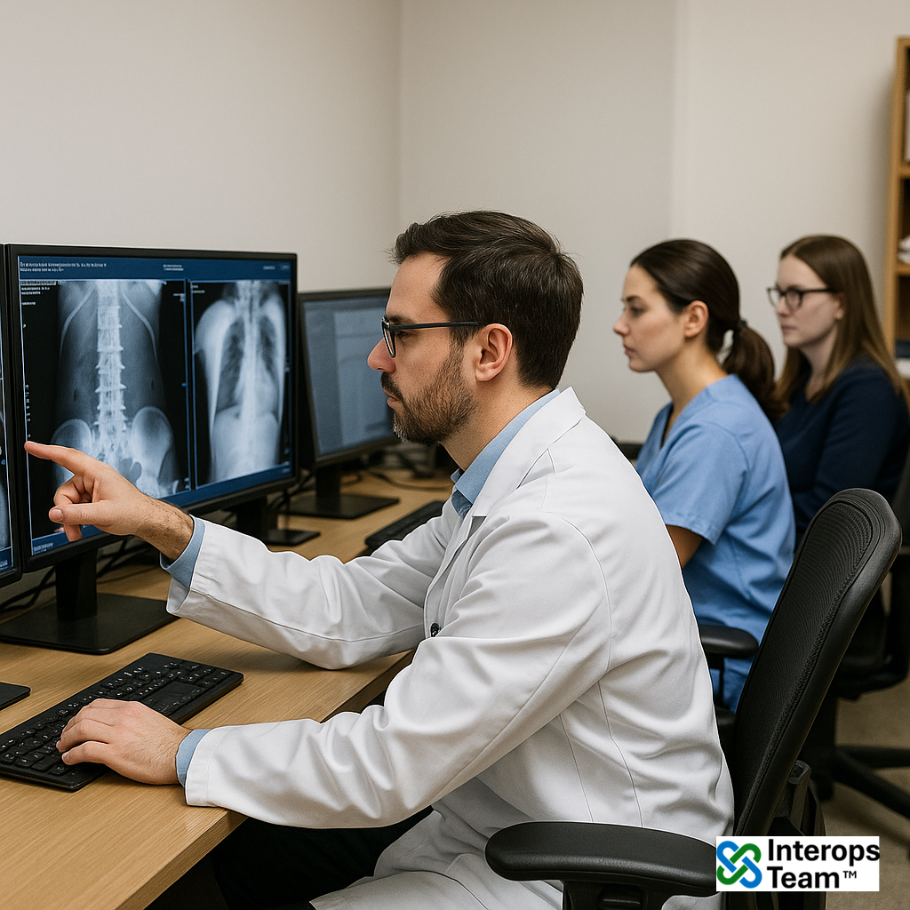 Radiology and IT professionals collaborating on RIS/PACS integrations and dashboards